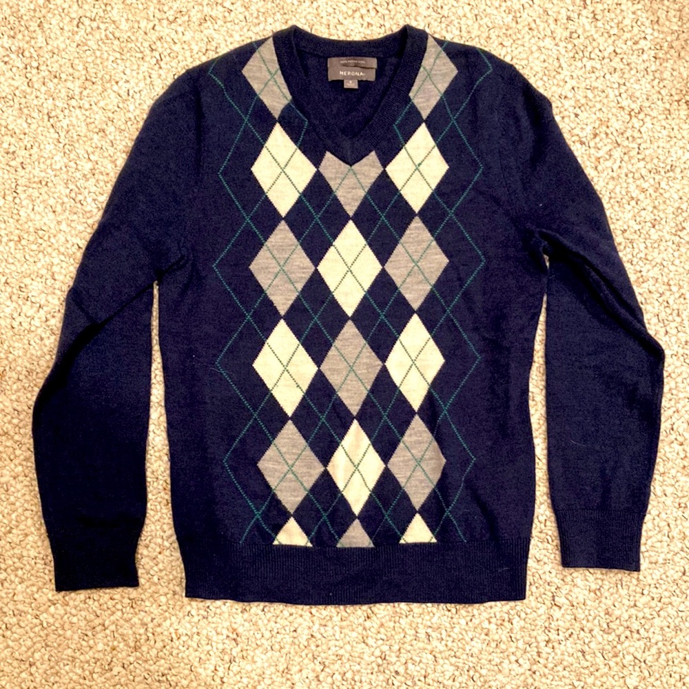 Men’s navy Merino Wool Argyle sweater S